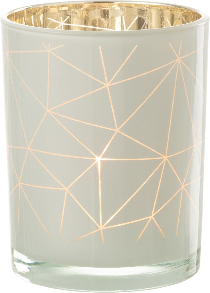 J-Line Milano windlicht voor kaarsen, glas, wit/goud, medium, 2 stuks