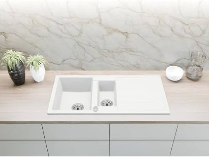 Faizee Home Spülbecken Weiß 100x50 cm aus Granit – Modell Napoli mit 1,5 Becken & Abtropffläche Beidseitig montierbare Einbauspüle Küchenspüle inkl. Siphon-Set