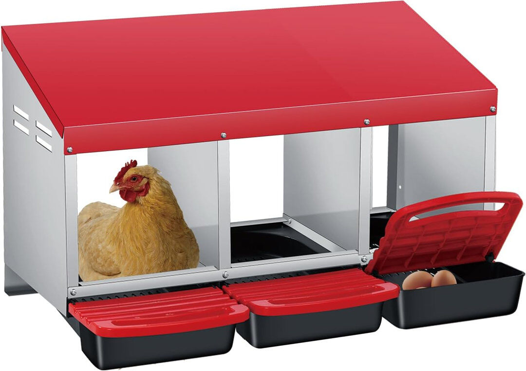 Blue Elephant Chicken Nesting Boxes, 3 Hole Weatherproof Galvanized Steel Chicken Egg Laying Box with Handle Perch & Automatic Rollout Egg Collection Red 47cm H X 79.5cm W X 48cm D