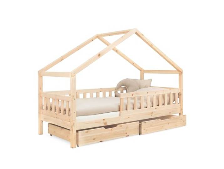 Ehrenkind® Panorama Hausbett Lille 90x200 cm aus Kiefer Massivholz FSC®-Zertifiziert 2-in-1 Kinderbett mit Dachgiebel & Schubladen Natur