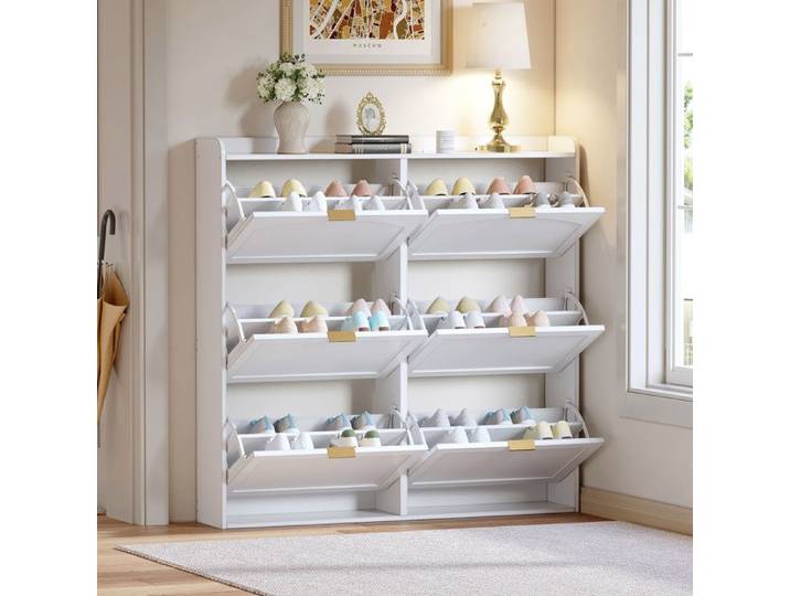 Meuble à Chaussures Blanc 120cm avec 6 Clapets pour Couloir et Entrée