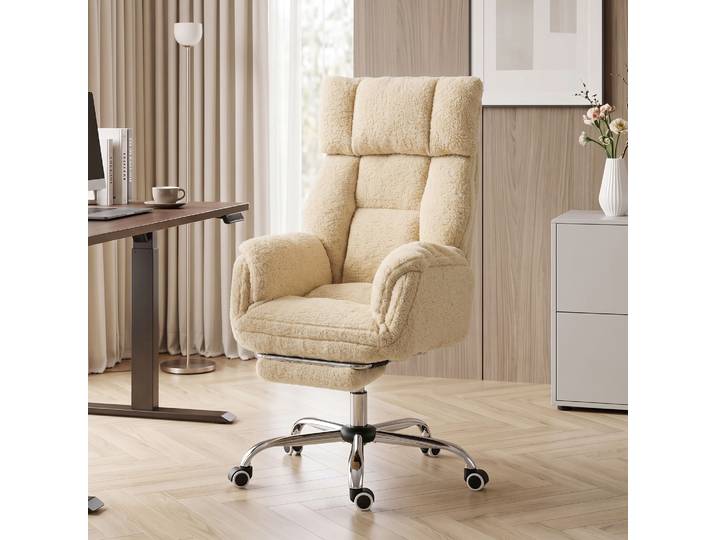 HOMCOM Chaise Bureau Ergonomique Tissu Teddy Accoudoirs Crème