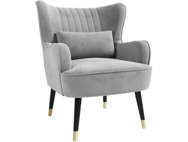 Vesgantti Samt Sessel, Moderne Relaxsessel mit Holzbein, Loungesessel mit Armlehnen, Ohrensessel für Wohnzimmer Schlafzimmer (Hellgrau, Ohne Fußhocker)