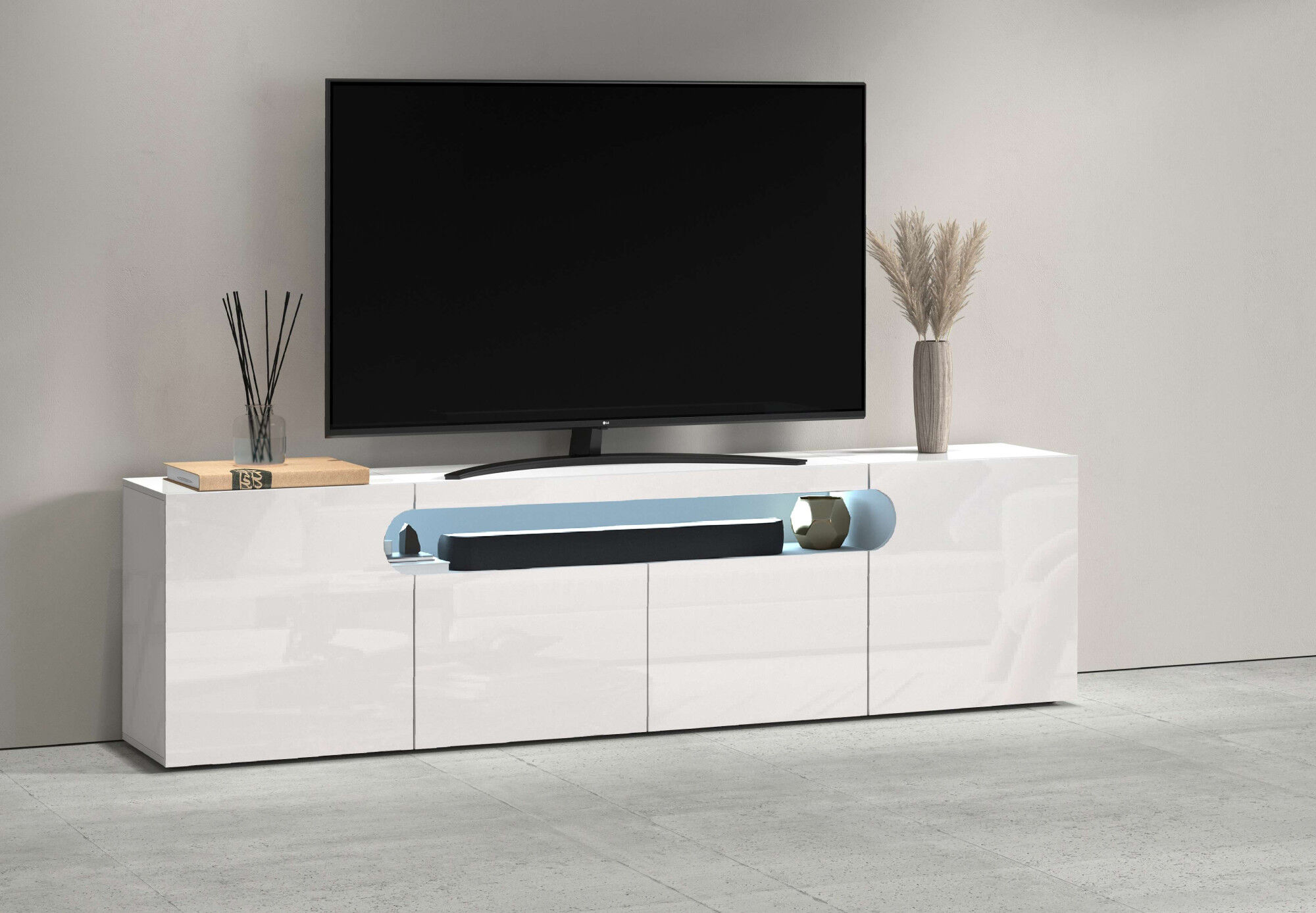 Lowboard GOODPRODUCT "REAL,Lowboard,TV-Kommode,TV-Möbel,TV-Bank", weiß hochglanz, B:200cm H:60cm T:40cm, Sideboards, Lowboard, Mit 4 Türen, davon 2 abgerundet, die ein ovales offenes Fach bilden weiß hochglanz B/H/T: 200cm x 60cm x 40cm, 4 Stk.