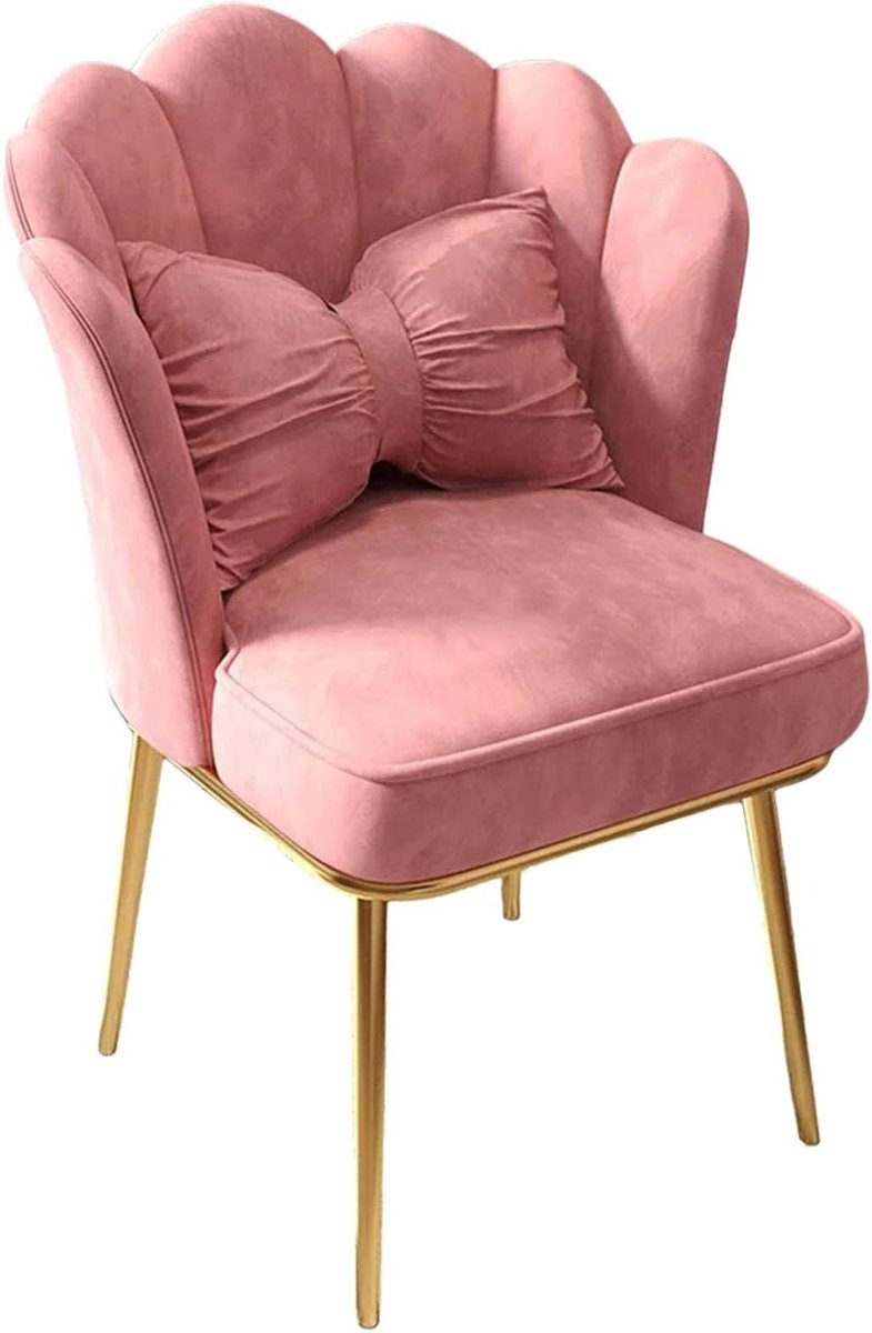 Stijlvolle roze eetstoel met gouden metalen poten en strik decoratie