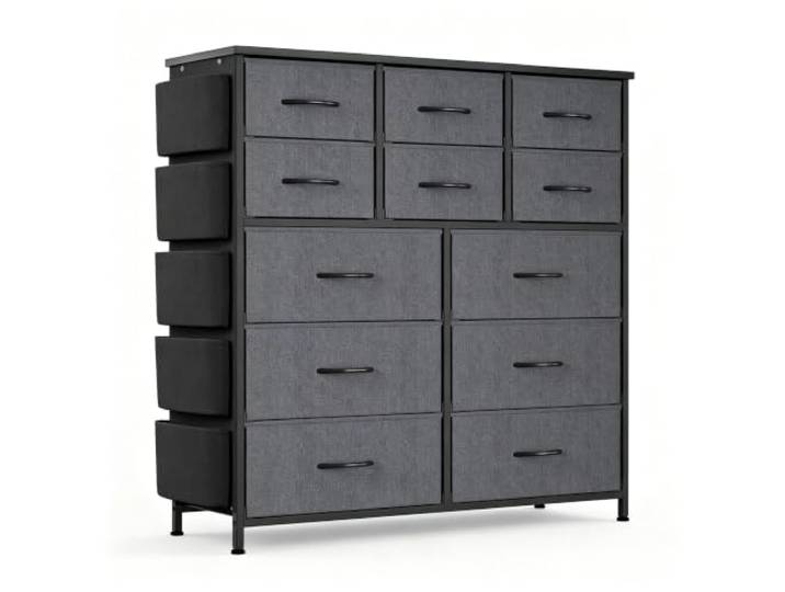 GarveeHome Flurkommode 12 Schubladen Metall Holzplatte Aufbewahrung Grau Seitentaschen, Haken, Industrie-Stil, Stofffächer, Schlafzimmer