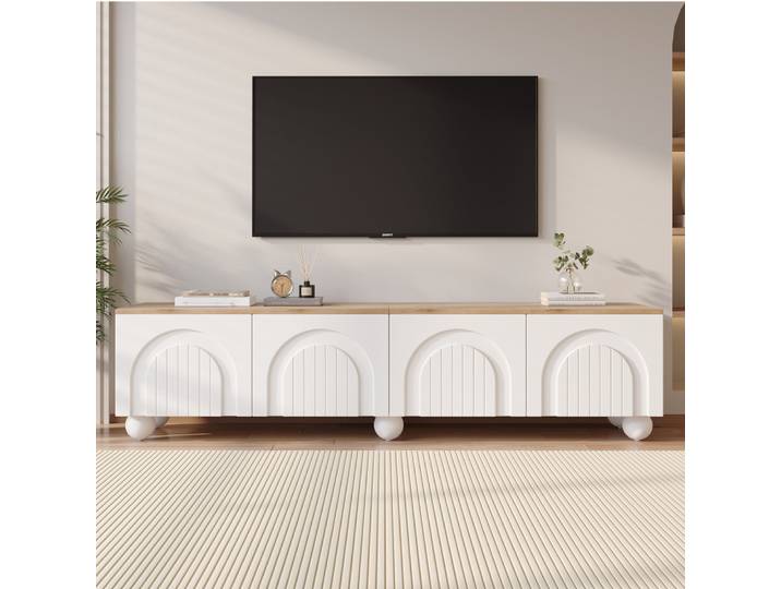 Meuble TV 180x40x45cm avec 4 armoires, meuble TV avec 6 pieds sphérique, pieds métalliques, meuble de salon, meuble bas, commode TV