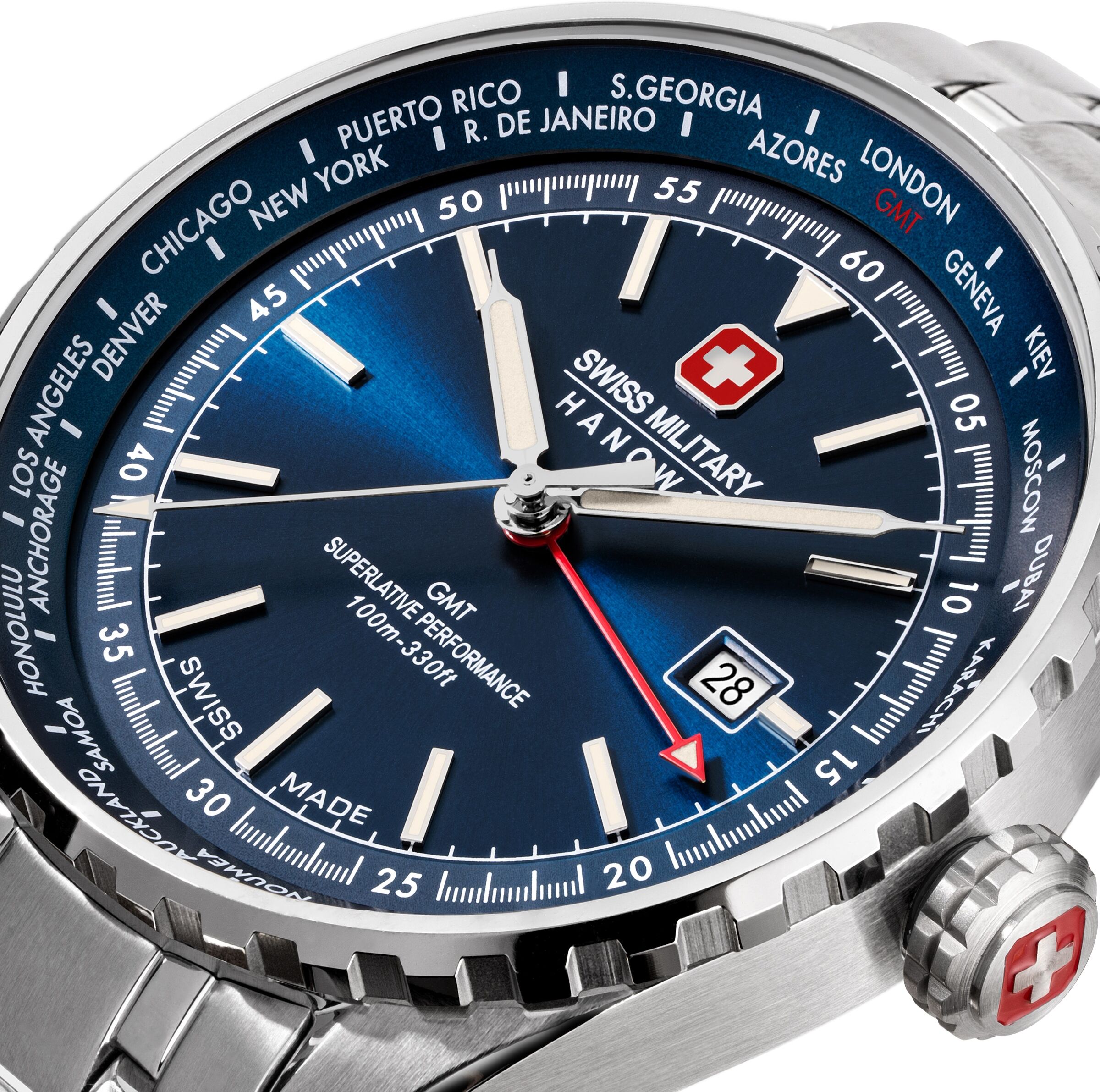 Quarzuhr "Afterburn GMT", blau (silberfarben, blau, blau), SWISS MILITARY HANOWA, Armbanduhren, Herren, silberfarben, Quarzuhr, Armbanduhr, Herrenuhr, Swiss Made, Edelstahlarmband, analog
