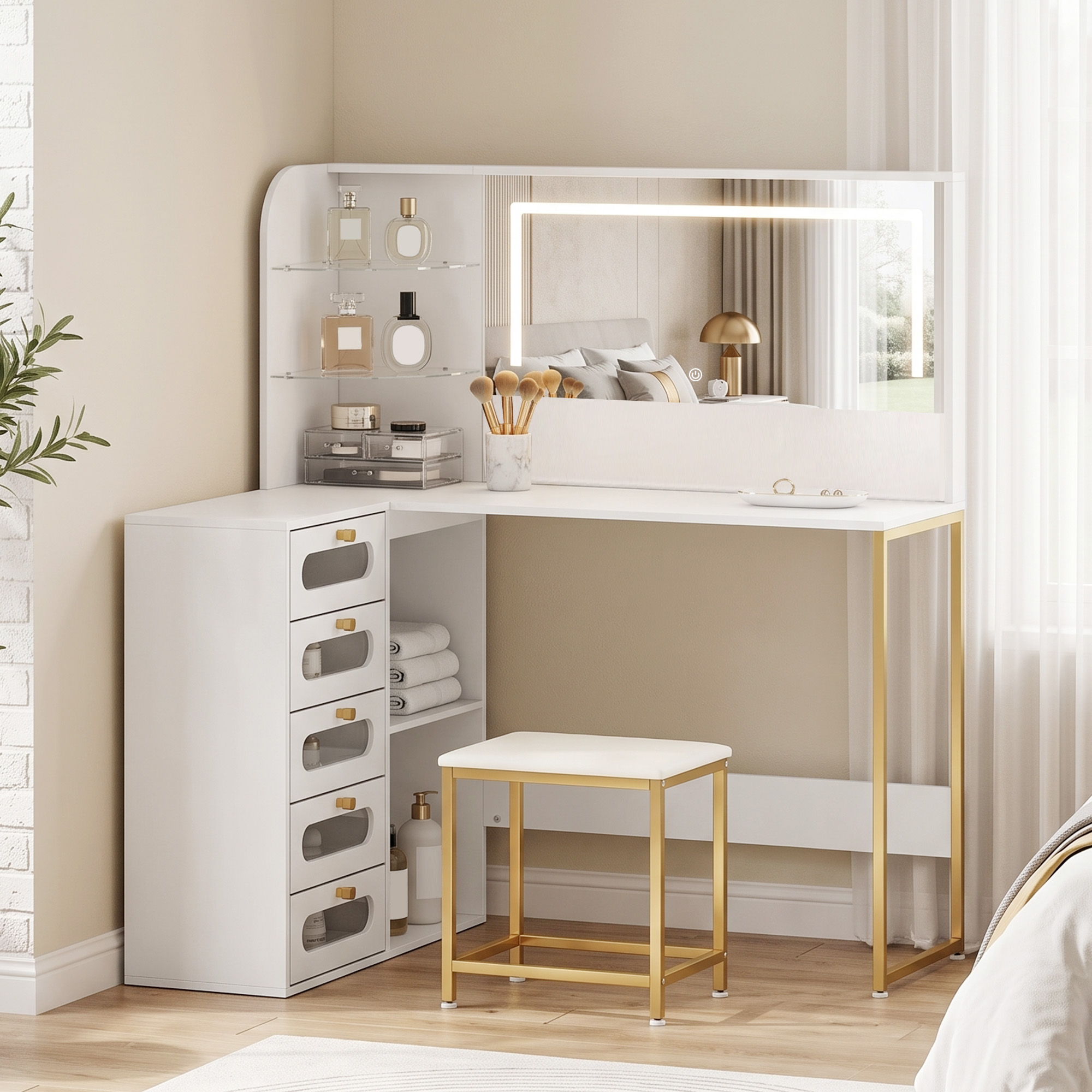 Homcom Toeletta da trucco con specchio LED, sgabello, 5 cassetti e 4 scomparti, bianco   Aosom Italy