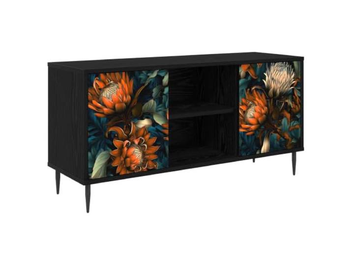 Foknhdi TV-Schrank 102x33x51 cm Lowboard Schwarz Eichen-Optik Stilvoller Fernsehtisch für Wohnzimmer und Schlafzimmer mit dekorativem Muster, 2 Türen und erhöhten Füßen für Sauberkeit.