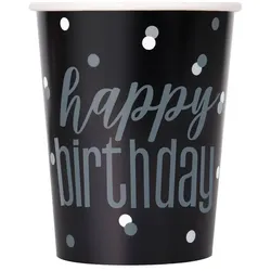 8 Becher Happy Birthday schwarz & silber