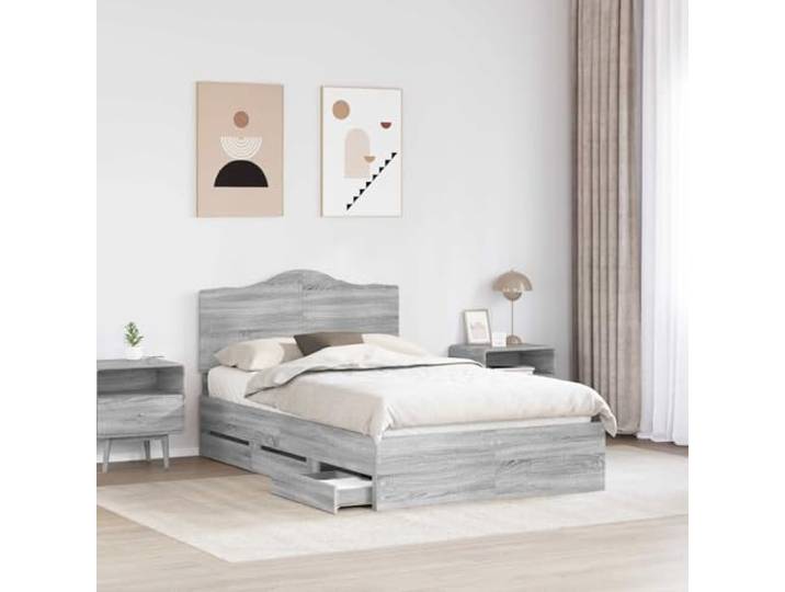 KTHLBRH Bett mit Schublade Sonoma Grau 120 x 190 cm Technisches Holz, modernes Design, rechteckige Struktur, für zeitgenössisches Zimmer