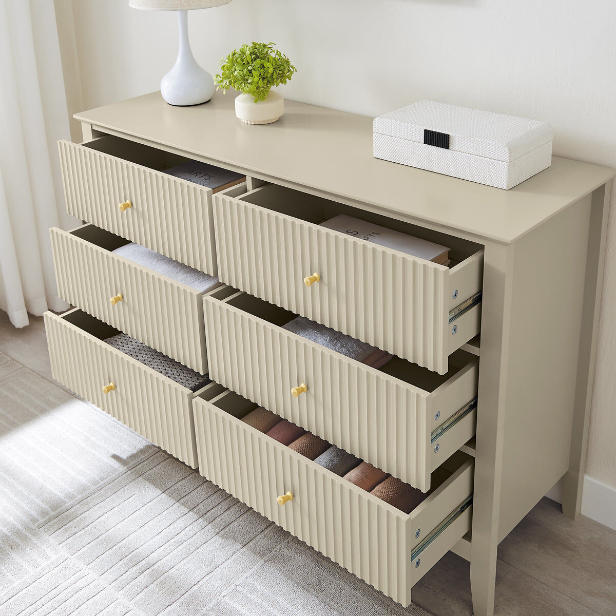 Large Chest of Drawers and Pair of Bedside Tables - Hales Taupe Range Coated MDF, Metal