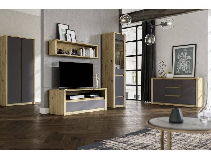 JVmoebel Wohnwand Moderne Wohnwand in Grau-Holz-Optik mit Anrichte und Sideboard, Made in Europa