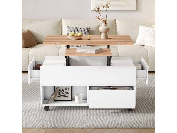 Table basse multifonctionnelle 100*50*52 cm table d'appoint table basse relevable avec 4 roulettes 4 tiroirs et espace de rangement