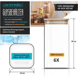 Arendo 6x 2 L Vorratsgläser, Glasbehälter, 6er Set, Borosilikat mit Deckel, Aufklebern & Textmarker, Vorratsbehälter, Transparent