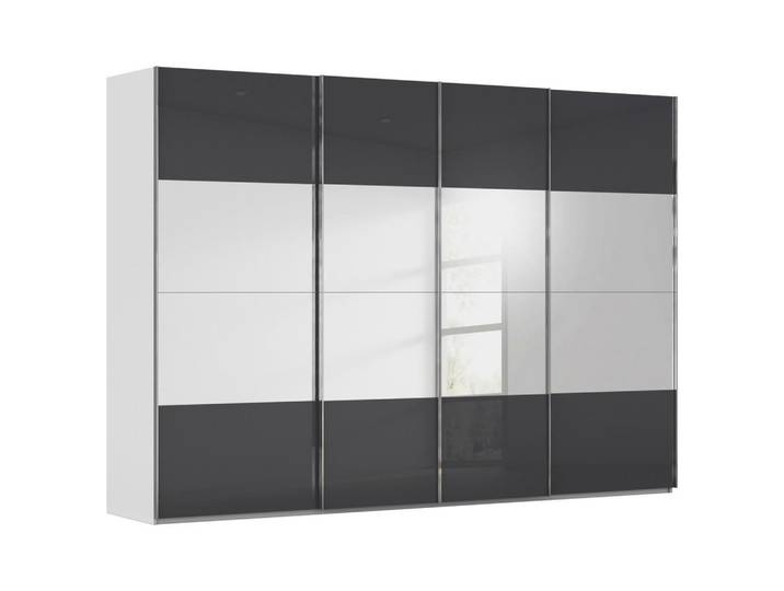 Novel Schwebetürenschrank, Schwarz, Seidengrau, Glas, Holzwerkstoff, 8 Fächer, 316x235x68 cm, Blauer Engel, Made in Germany, Beimöbel erhältlich, umfangreiches Zubehör erhältlich, In verschiedenen Grössen erhältlich, in verschiedenen Holzdekoren erhältlich, Türenfelder nicht untereinander austauschbar, Schlafzimmer, Komplette Schlafzimmer und Serien, Schlafzimmerserie