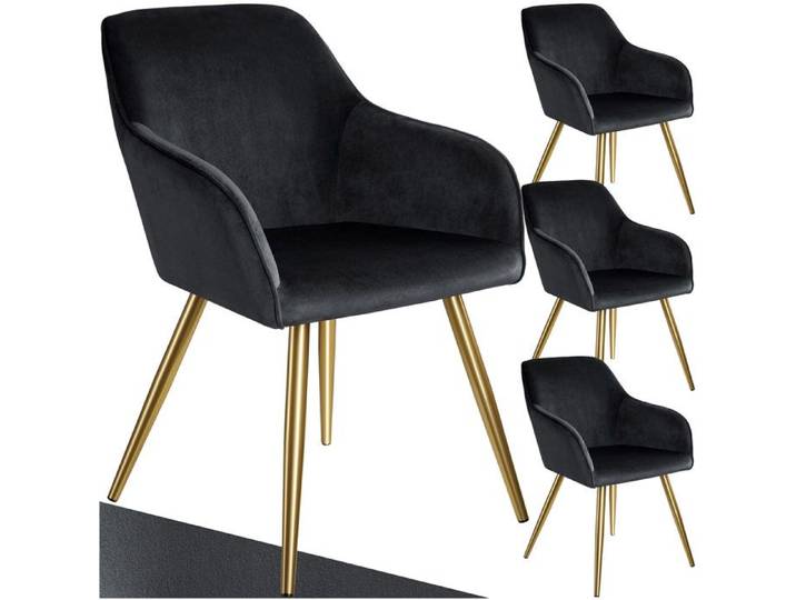 Chaises - TECTAKE - Lot de 4 fauteuils de salle à manger MARYLIN en velours avec pieds en acier doré - Noir/Doré