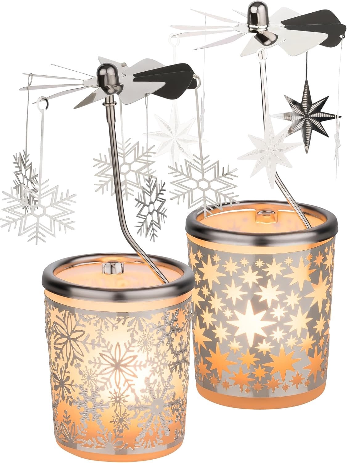 Set van 2 Kerst Lantaarns met Draaiend Carrousel - Sneeuwvlok & Sterren