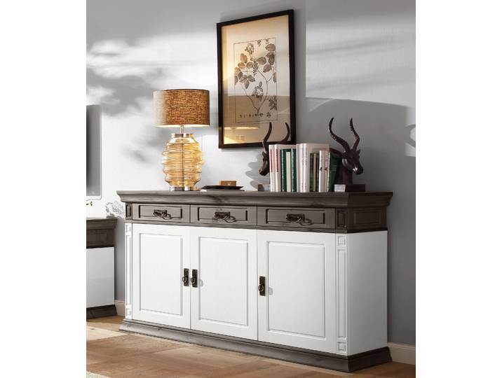 Sideboard GOODPRODUCT Vinales, kommode 3 Schubläden, 3 Türen, 2 Einlegeböden , weiss (weiß, grau), B:158cm H:83cm T:39cm, FSC-zertifiziertes Massivholz, Sideboards, Sideboard, Messinggriffe im Jugendstil, Zierleiste und eleganter Sockel