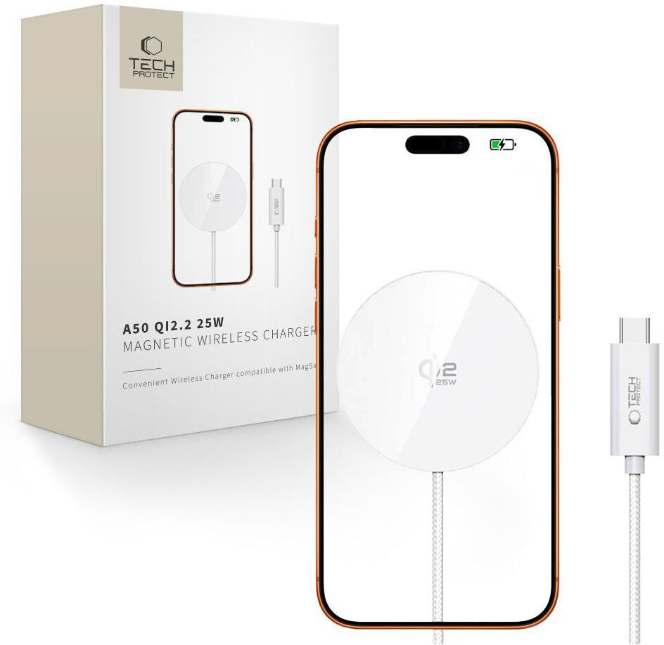Tech-Protect Qi2 Magnetisk Trådløs Oplader - MagSafe Kompatibel - 25W - Hvid