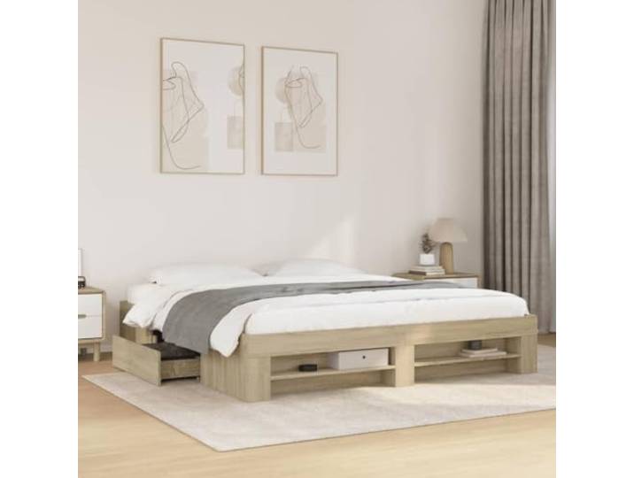 RJPLMFV Bettgestell, 180 x 200 cm, Holz, Eiche Sonoma Ohne Matratze, Lattenrost inklusive, mit Schubladen