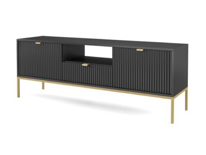 Emporius TV-Schrank 150 cm Galla - Zweitürige TV-Tisch, TV-Lowboard mit Schubladen - Gold Griffen, geriffelten Fronten - Schwarz + Gold