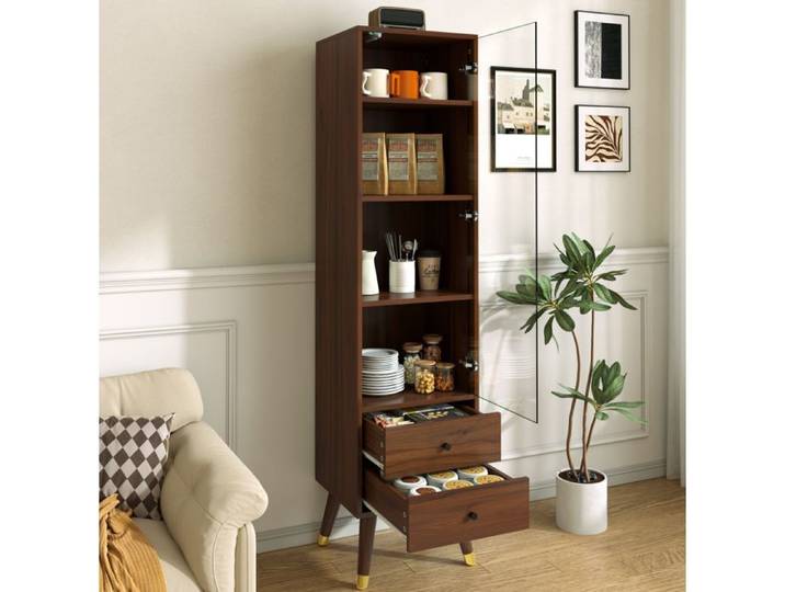 Vitrine Haute En MDF Aspect Noyer Armoire Vitrine Moderne FloraGrace Pour Salon Ou Bureau Avec 2 Tiroirs 39 8x35x160cm