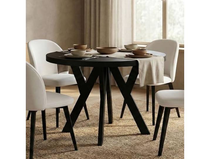 Dekori Möbel Runder Ausziehbarer Tisch für Esszimmer mit Holzbeinen, Pero, Loft-Stil, Skandinavische, Durchmesser Varianten: von 90 bis 220 cm (Schwarz, 110/160 cm)