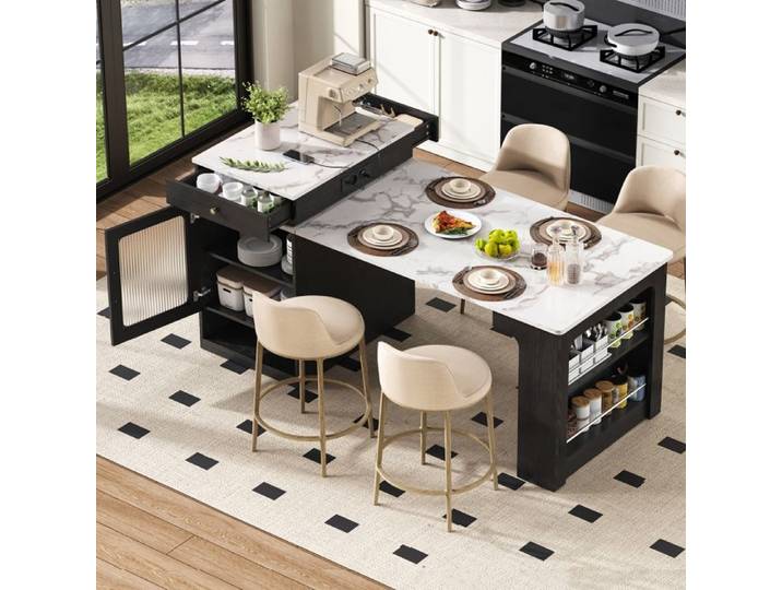 Île de cuisine avec rouleaux Table à manger extensible avec table amovible Table à bars avec barres de prise