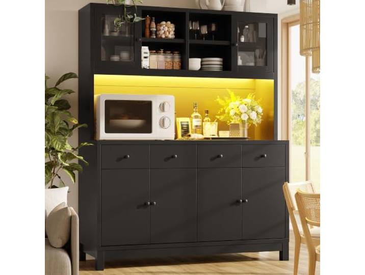 BXEYXE Hochbuffetschrank 140 * 38.5 * 180cm mit App-gesteuerter RGB-LED, Glastüren & 4 Schubladen, verstellbare Einlegeböden, belastbar bis 100kg, Schwarz
