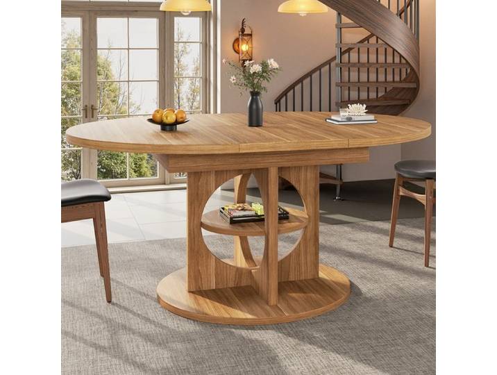 Table à Manger Extensible avec Rangement 110-150cm Ronde/Ovale Table de Cuisine Table à Manger Moderne Pour Salon Cuisine