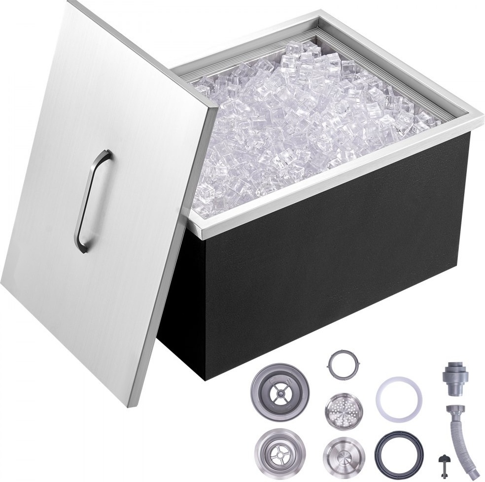 Drop-in-Eisbox - 30,25 L Edelstahl-Eiskühler, 508 x 355 x 308 mm - Kommerzieller Eisbehälter mit Abdeckung - Eingebaute Eisspeichertruhe - Abflussrohr und Ablassstopfen im Lieferumfang Enthalten.