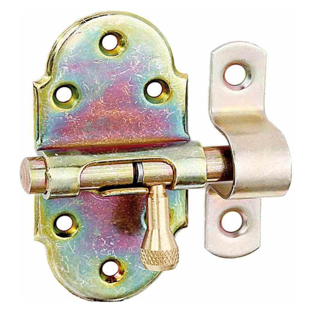 Alberts Grendelriegel mit Messingknopf und befestigter Schlaufe, 40 x 75 mm, Galv. gelb verzinkt (Grendelriegel, 10 Stk.) (12894 4)