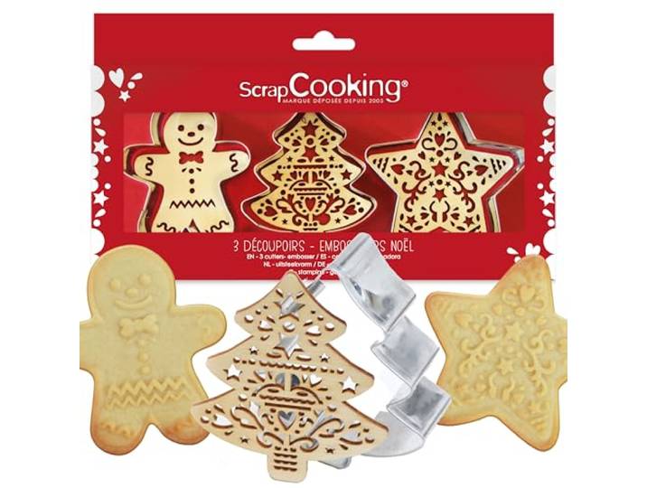 SCRAP COOKING 2093 Bakset met roestvrijstalen kattensnijder en houten wafelmaker voor contact met levensmiddelen, Kerstmis