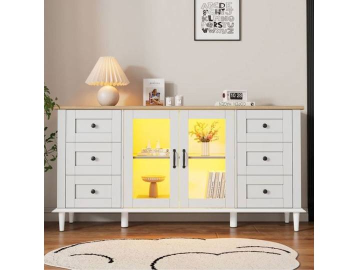 Buffet design blanc et bois éclairage LED 6 tiroirs 2 portes acrylique meuble polyvalent -150x40x75 cm - O.Ye blanc BUFFET
