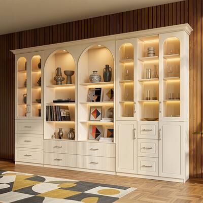 Homsee Modular Bookcase with LED Lights, Glass Door Storage Cabinet with Drawers, Large Display Shelving Unit Sideboard