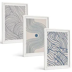 BILDER SET 3er Set - 40x60 cm Weißer Rahmen - Abstrakte Linien, Wellenformen