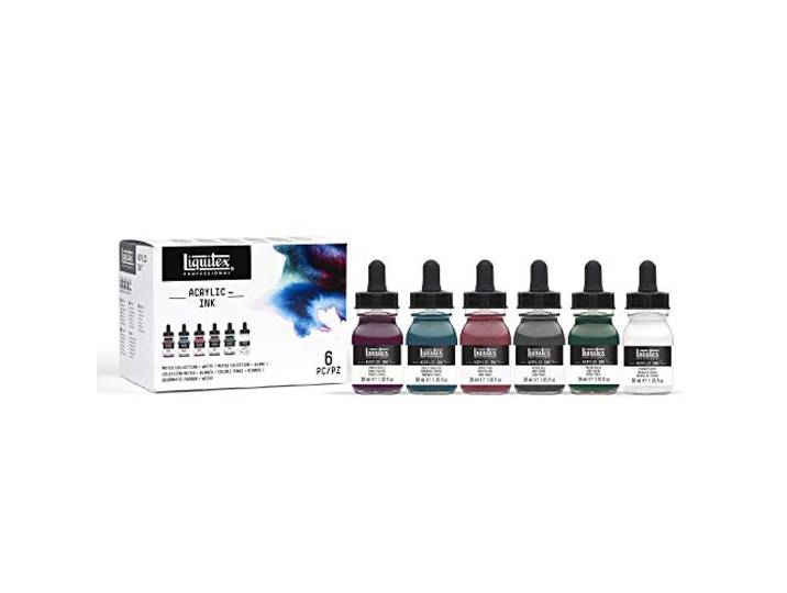 LIQUITEX 3699355 vloeibare professionele acrylverf - inkt, hoog gepigmenteerde airbrush techniekset, 6 kleuren a 30ml - Muted Kleuren set 6x30ml,, Set gedempte collectie + wit