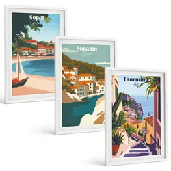 BILDER SET 3er Set - 40x60 cm Weißer Rahmen - Illustrationen von Küstenstädten