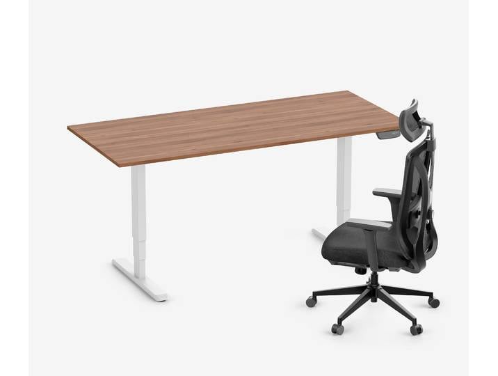 PRIMUS Schreibtisch + Stuhl VITA MESH Weiß Hoch, Sitzhöhe 52 - 64 cm 180x80 Nussbaum