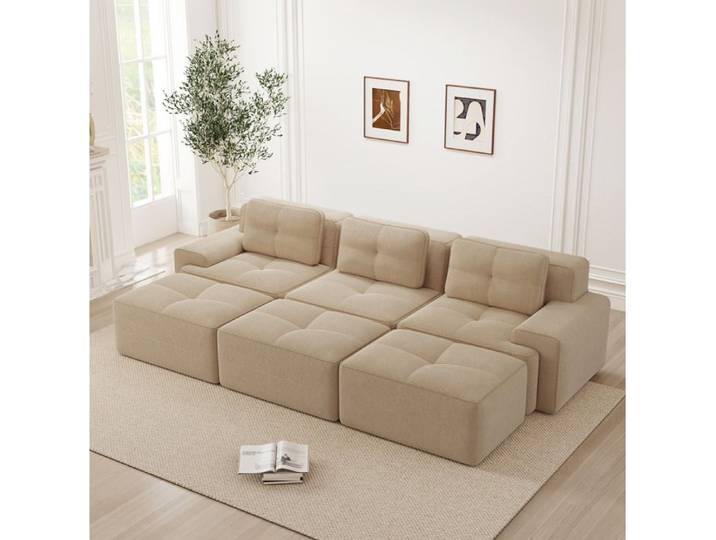 MEUBLIV Canapé modulable avec 3 poufs 293x177x69 cm velours beige