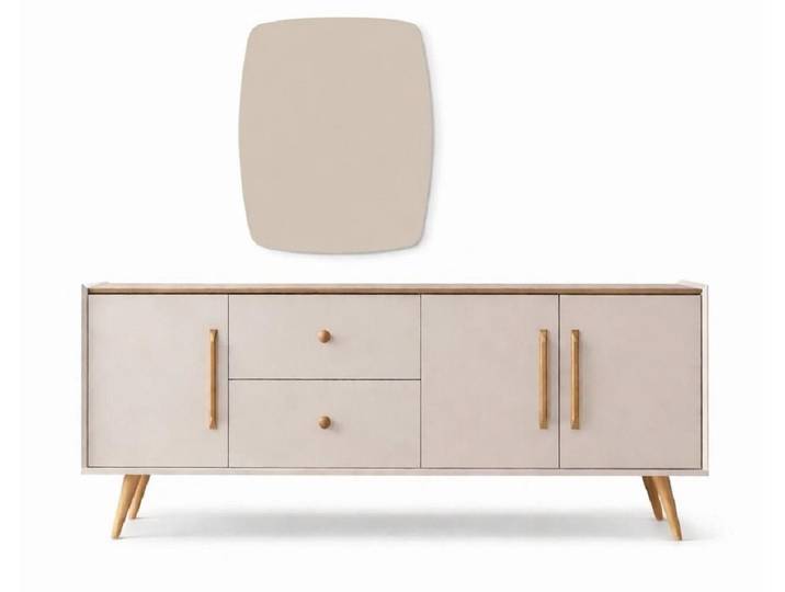 JVmoebel Sideboard Beige Konsole mit Spiegel - Holzkommode, hochwertige Möbel, Made in Europa