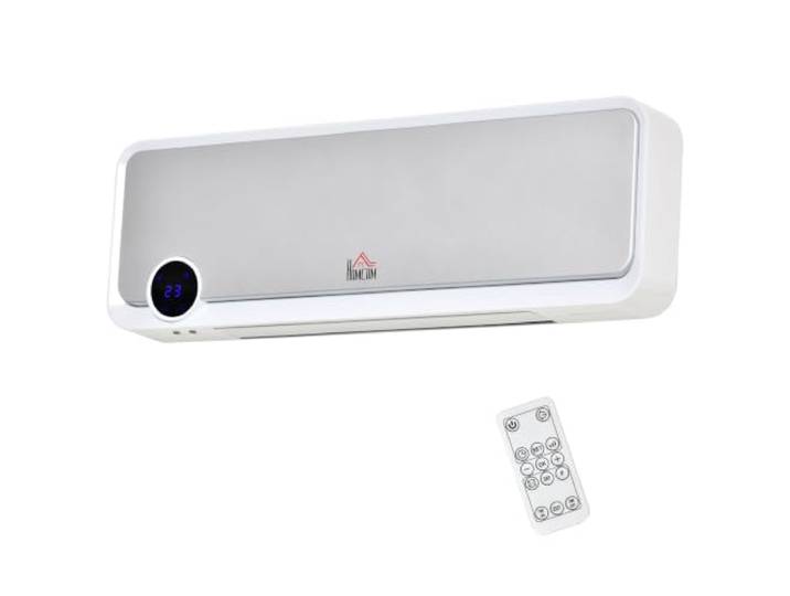 HOMCOM Radiateur Mural Soufflant Oscillant 2000 W Blanc Argenté Chauffage Céramique PTC\, 3 Niveaux de Puissance\, Télécommande Incluse