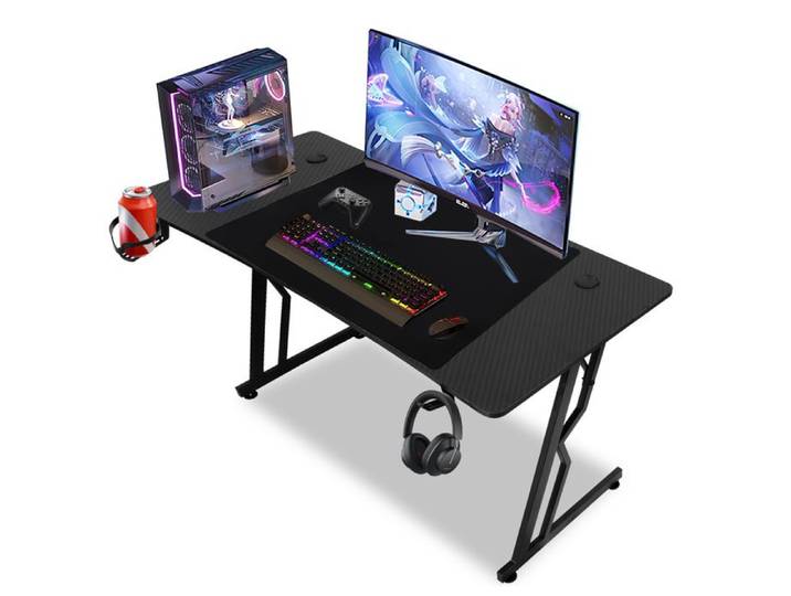 Bettizia Bureau Gaming 140 x 60 cm avec Porte-gobelet et Crochet pour Casque Table Gaming Noire