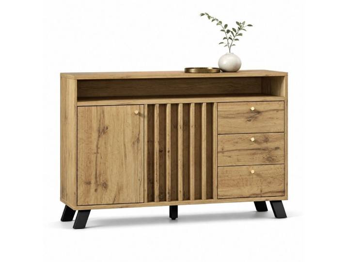 Buffet bas – aspect chêne foncé – 3 tiroirs 2 portes – style vintage – 120 x 40 x 85 cm