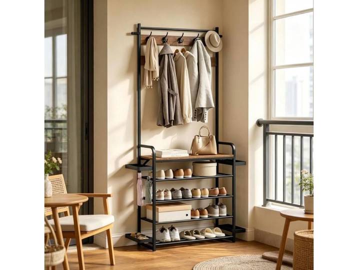 ROVRYN vestiaire d'entree 104 x 30 x 190 cm avec 9 doubles crochets 4 etageres a chaussures metal noir