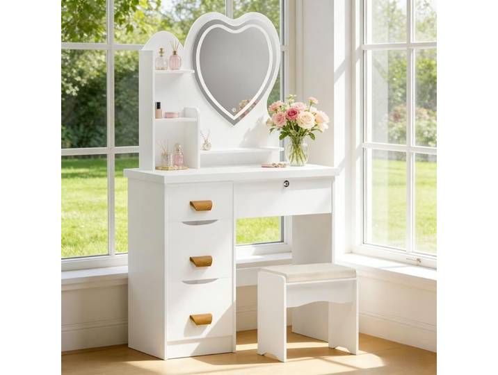 Coiffeuse moderne miroir coeur lumineux dimmable et tabouret espace rangement integre pour une experience maquillage