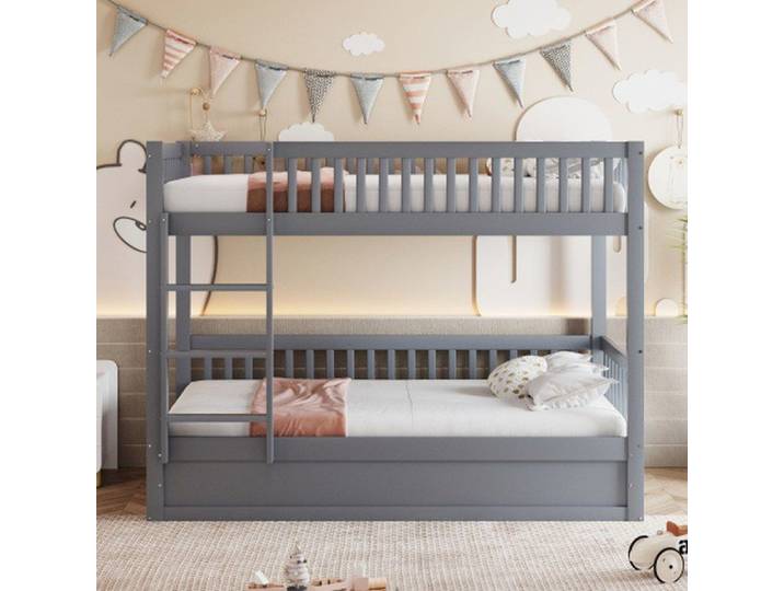 Lit à étage enfant 90x200 cm en bois massif gris avec rangement hydraulique - robuste et durable