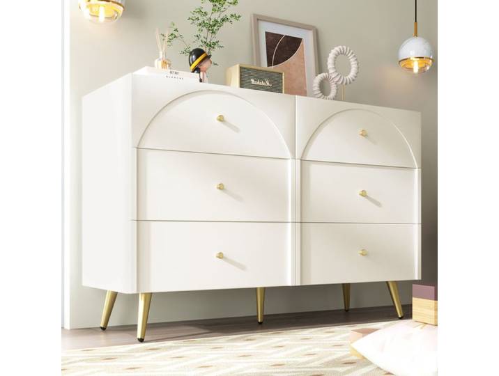 Armoire de Chambre avec 6 Tiroirs Buffet Salon Meuble d'entrée Elégant Commode Moderne Blanc Crème 120x40x85cm